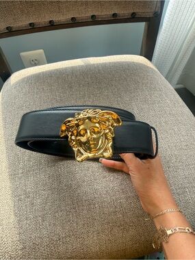 Versace Black Leather Belt with Gold Medusa Buckle Statement